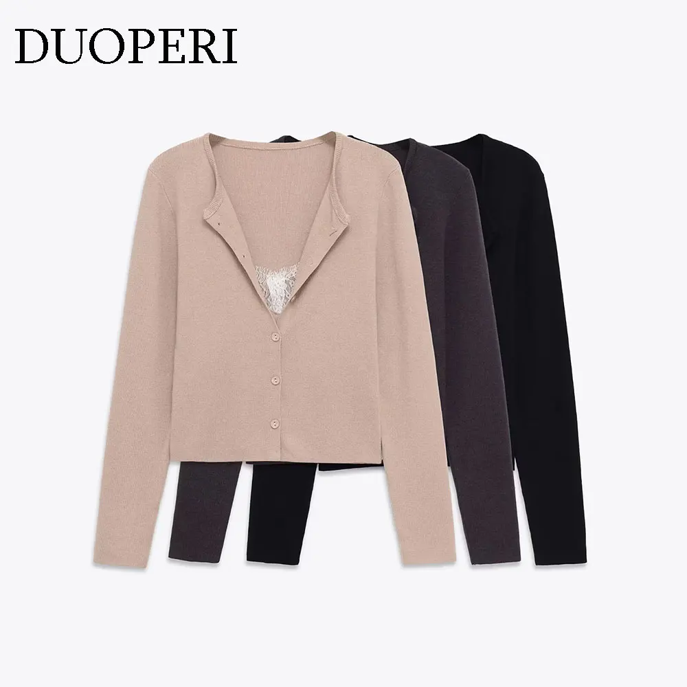 

DUOPERI женский трикотаж, модные кружевные лоскутные однотонные куртки с v-образным вырезом и длинными рукавами, женские элегантные шикарные женские наряды