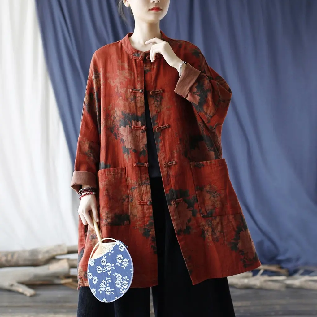 

Xi Mo женский кардиган в стиле ретро, пальто с воротником-стойкой, свободный топ с длинными рукавами, осенний модный китайский стиль с пряжкой