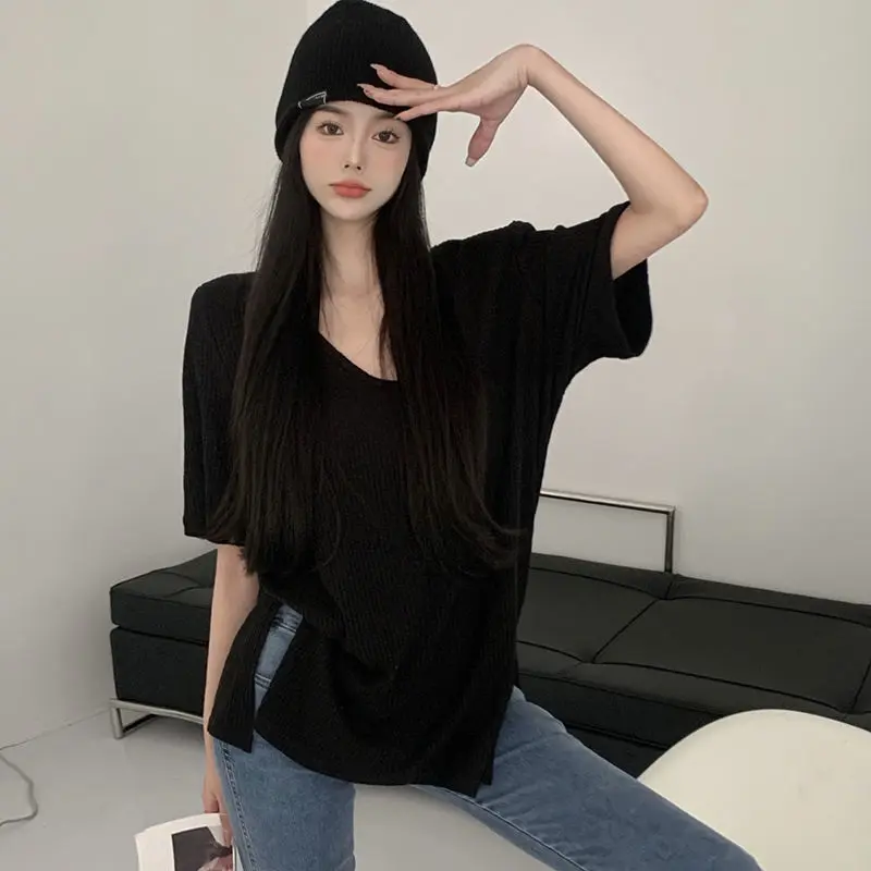 

Lazy Style Ice Silk Plus Size T Shirts Women Clothing Summer Short Sleeve Loose Solid Street Casual Tops Korean Fashion Trend