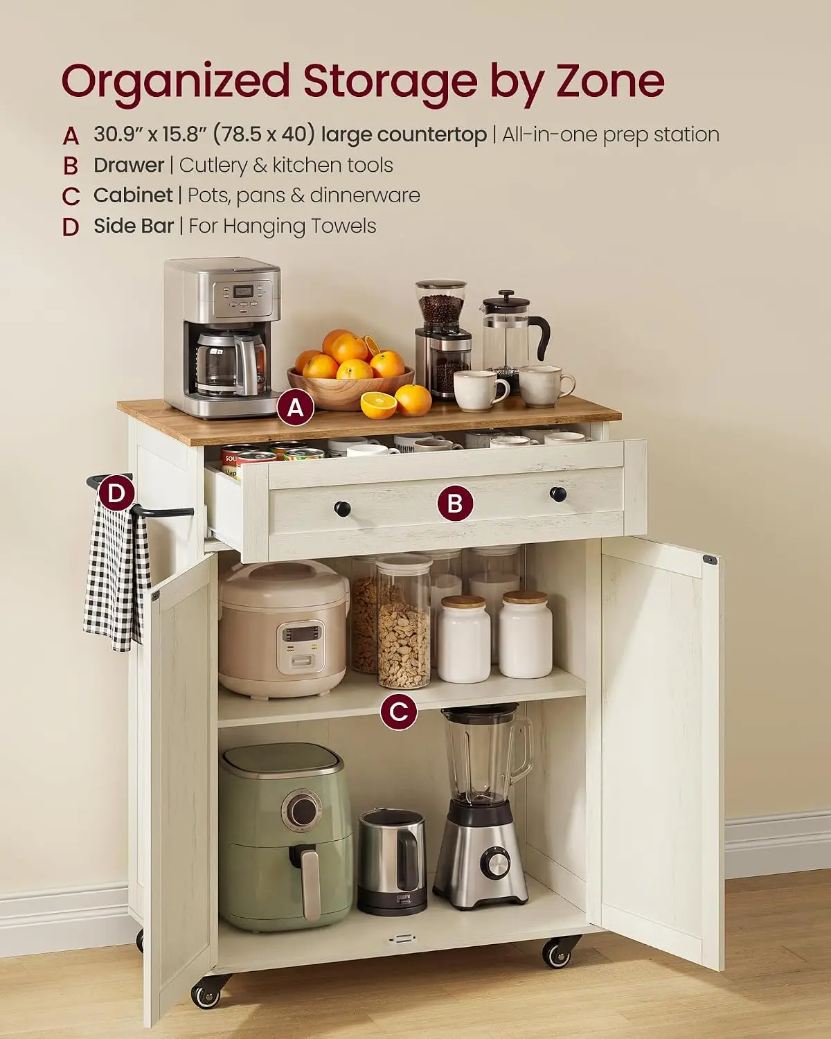 Mobile Kitchen Island Cart, Portable Kitchen Microwave Storage Island On Wheels, Utility Storage Rack Cabinet Table Holder With Drawer For Dining Room Living Room, Rustic White And Honey Brown