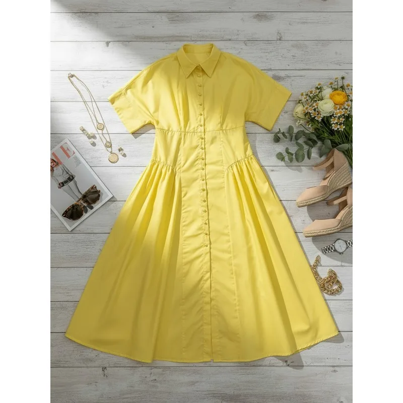 Geel Turn Down Kraag Jurk voor Vrouwen 2025, Korte Mouw Button Down Eenvoudige Officewear Max Jurken Vrouw Kleding 180596