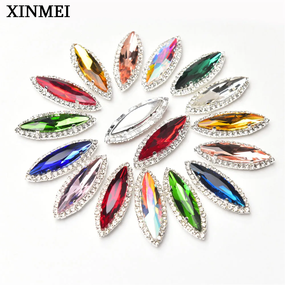 10Pcs 10*35mm Slender Horse Eye Glass Rhinestone Surrounding Chain Sew on Diamonds DIY Clothing Hair Shoes Jewelry Accessories