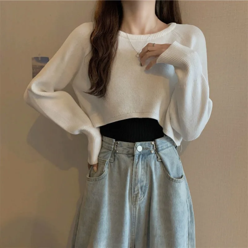 

Women's Oversized Short Sleeve Knit Sweater Spring Autumn Korean Style Loose Fit Cropped Pullover High Waist Casual T-Shirt Top