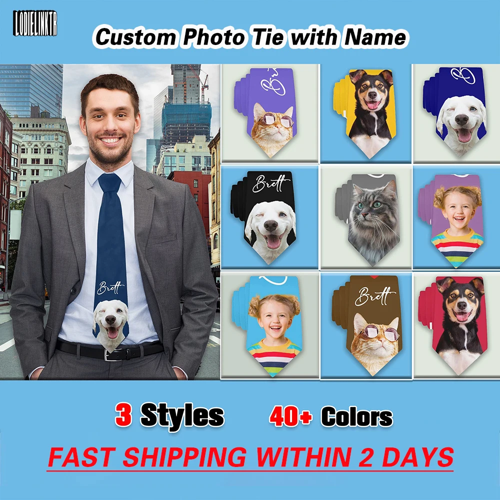 

Custom Photo Tie With Name Personalized Face Necktie Custom Pet Bow tie Gift Pre-Tied For Dad Boyfriend Husband Birthday Gifts