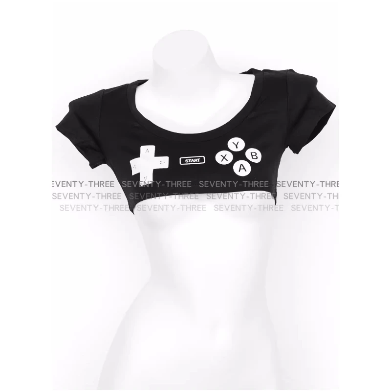 Anime Gamepad Printed Ultrashort T Shirt Women Mini Japanese Girl Top Sexy Underwear Short Sleeve Nightclub Role Play Outfits