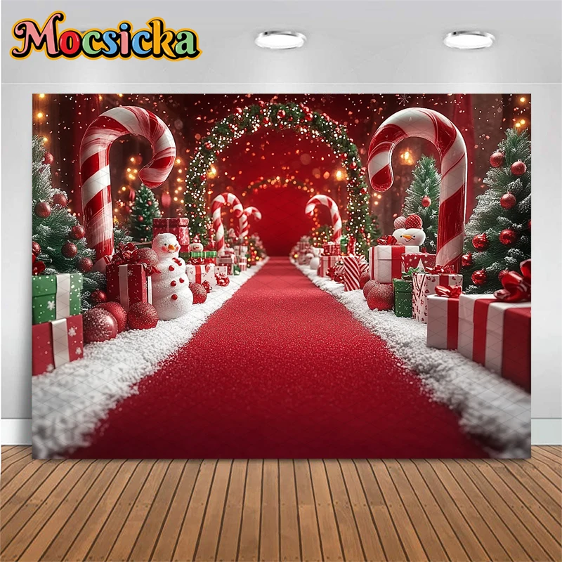 Mocsicka 크리스마스 배경 사진 새해 사탕 문 나무 레드 카펫 장식 겨울 눈사람 사진 배경 화면