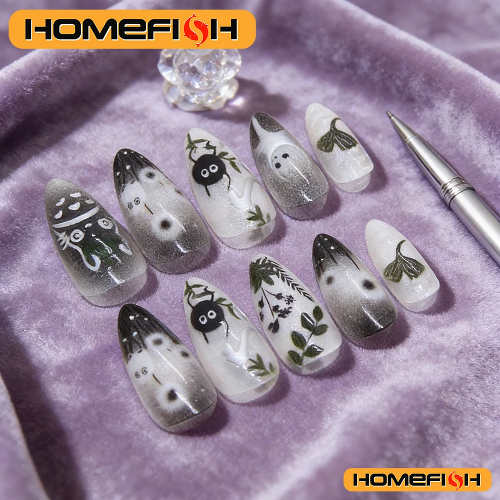 24pcs Gradient Black False Nails Cute Cartoon Cat's Eye Forest Elf Girl Press On Nails Glossy Almond Sweet Cool Fake Nail Tips image 5