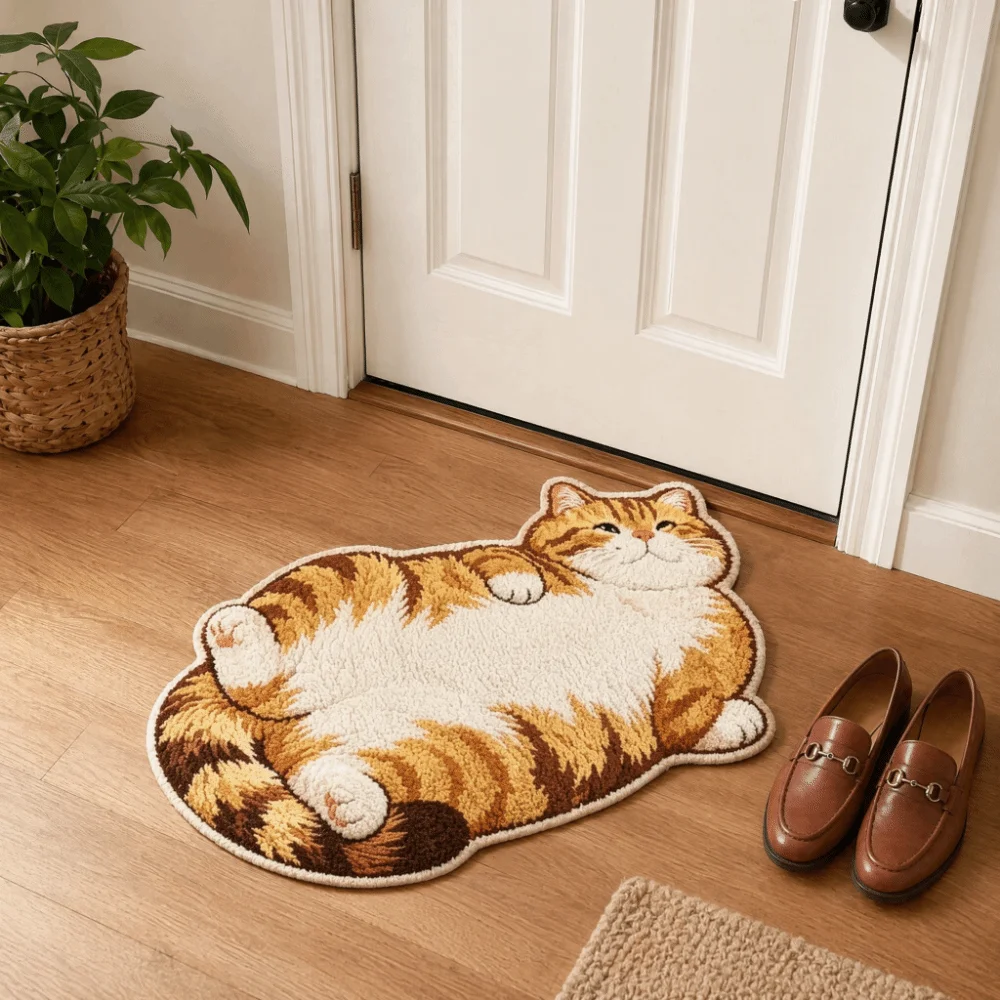 Soft Surface Cat Shape Floor Mat 2D Printed Cute Outline Crystal Velvet Rug Low Profile Easy Clean Animal Area Rug Living Room