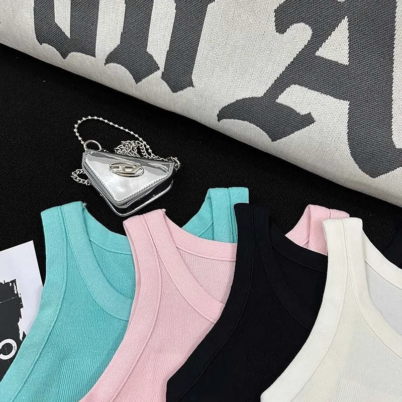 Y2K Knit Tank Top Slim Hotsweet Summer Solid Crop Top Women's Casual All-Match O-Neck Embroidered Letter T-shirt Chic Camisole