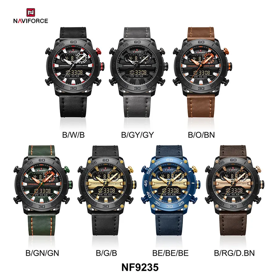 NAVIFORCE Men\'s Watch Quartz Analog LCD Digital Wristwatch Male Leather Strap Water Resistant Date Clock Sport Quartz Watches