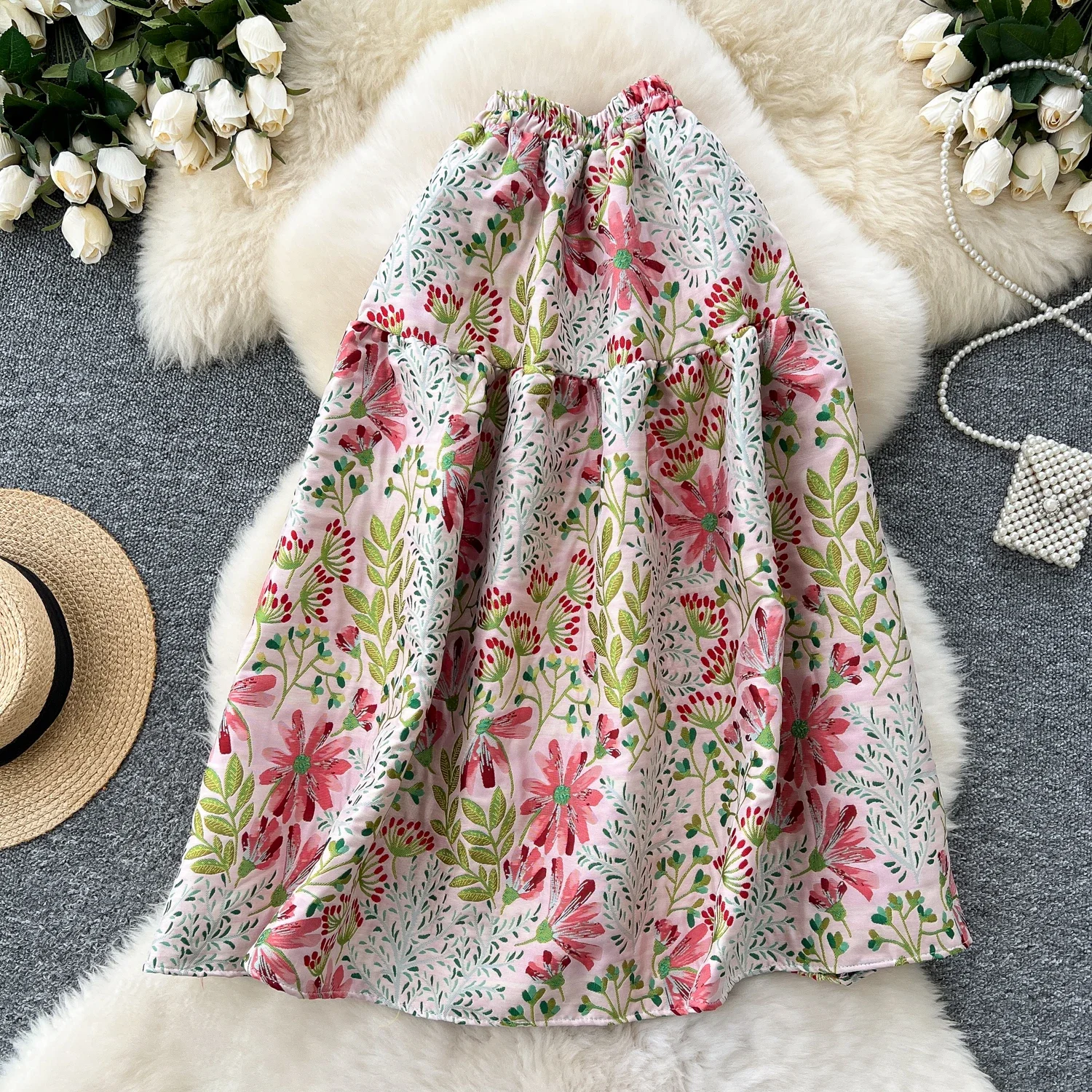 

Casual Spliced Vintage Relief Jacquard High Waist Women Elegant Chic A-line Skirt Korean Fashion High Street Streetwear Clothing