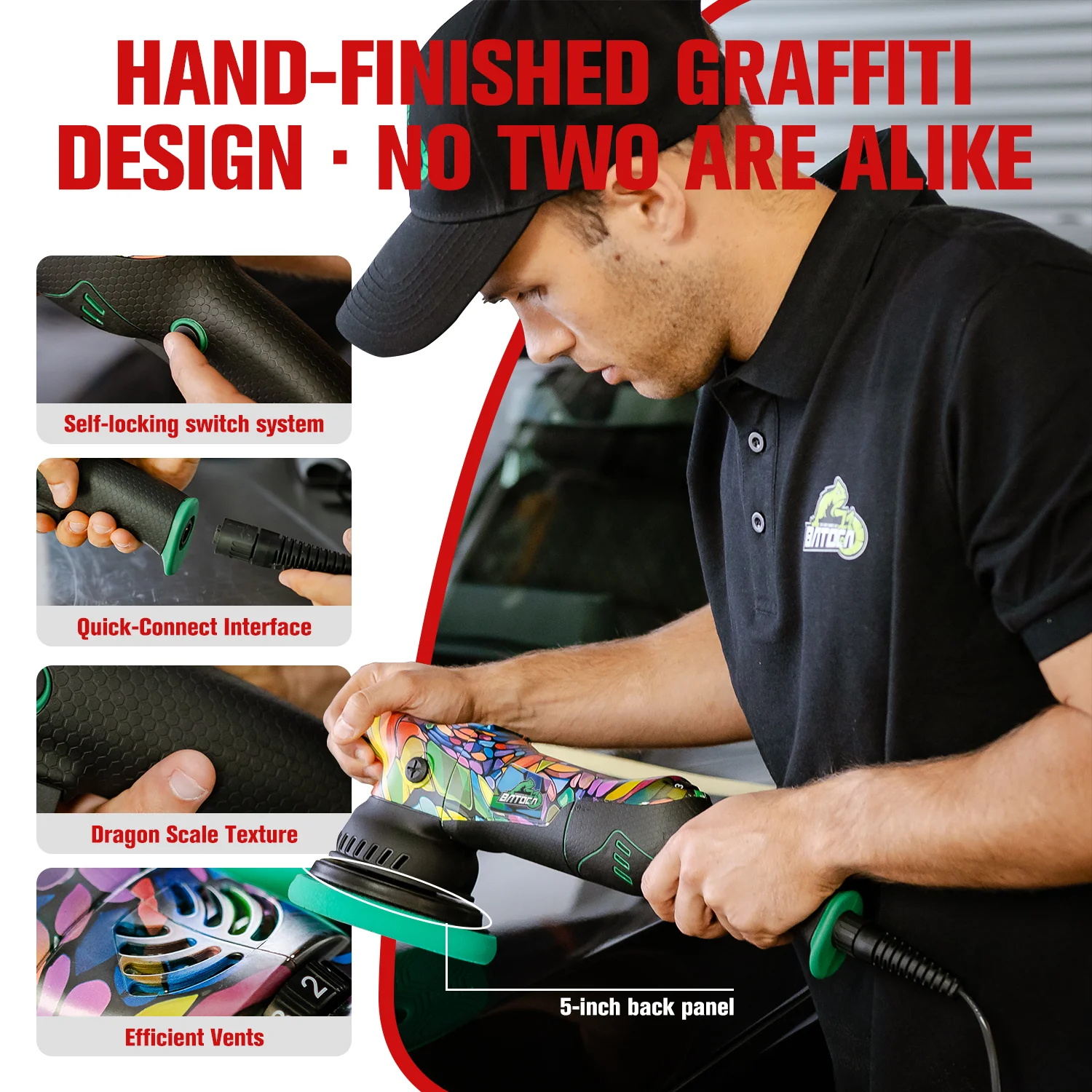 BATOCA P1 Professional DA Car Polisher 1000W 15mm Orbit 100% Unique Hand-Painted Graffiti Buffer Detachable 5M Cable Detailer