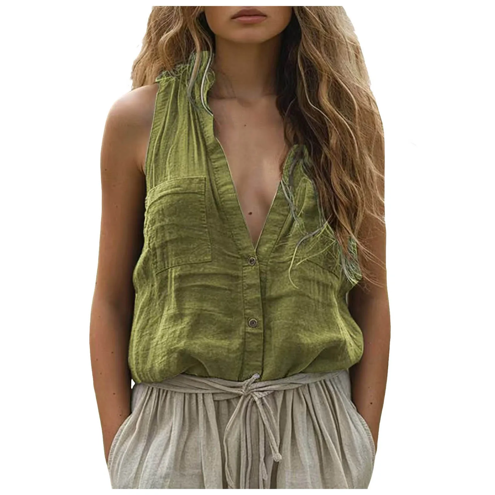 

Women Casual Cotton Linen Shirts Tank Tops Loose Fashion Sleeveless Linen T Shirt Solid V Neck Pocket Vests Button Down Shirts