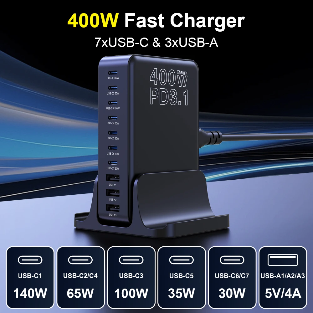 Ubigbuy 400W USB C Charger 10-Port Charging Station 140W Max Single Port PD 3.1 Fast Charger for MacBook Pro iPad iPhone Samsung