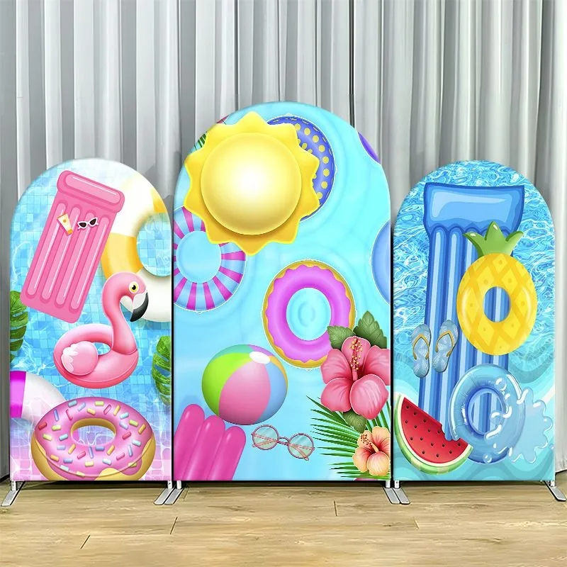 Arch Backdrop Cover Single Side Pool Flamingo Sun Floaties Tropical Flowers Party Decoration Photo Booth Background Event Props