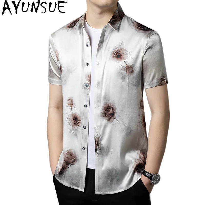 

Новая мужская рубашка AYUNSUE из 92,5% шелка тутового шелкопряда и 7,5% спандекса, летняя коллекция 2026, с коротким рукавом, повседневная деловая рубашка с принтом