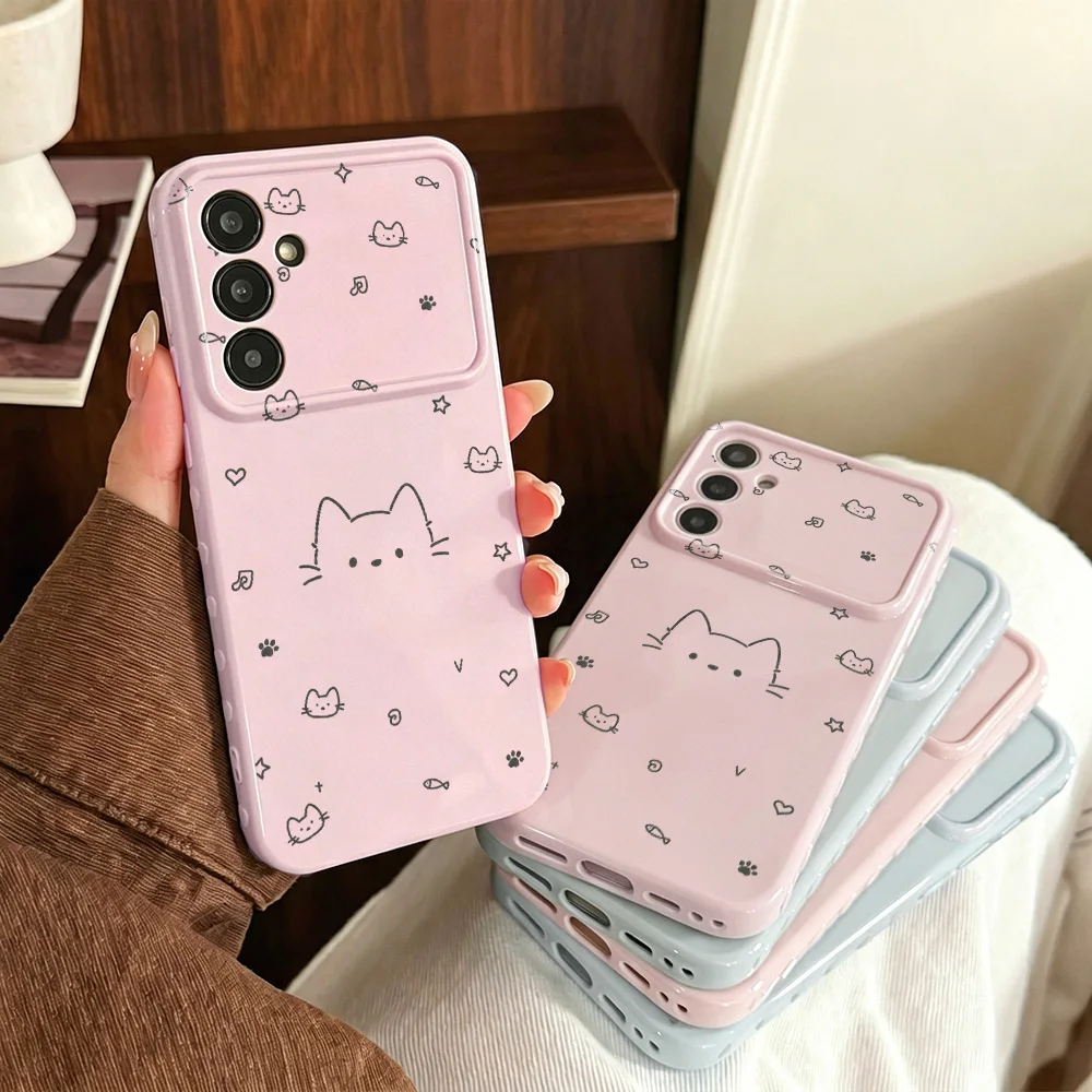 Anti-Fingerabdruck Sanfte Rosa Linien-Katzen-Design Großes Fenster Handyhülle für Samsung Galaxy A56 A54 A36 A35 A37 A55 A26 5G Hüllen