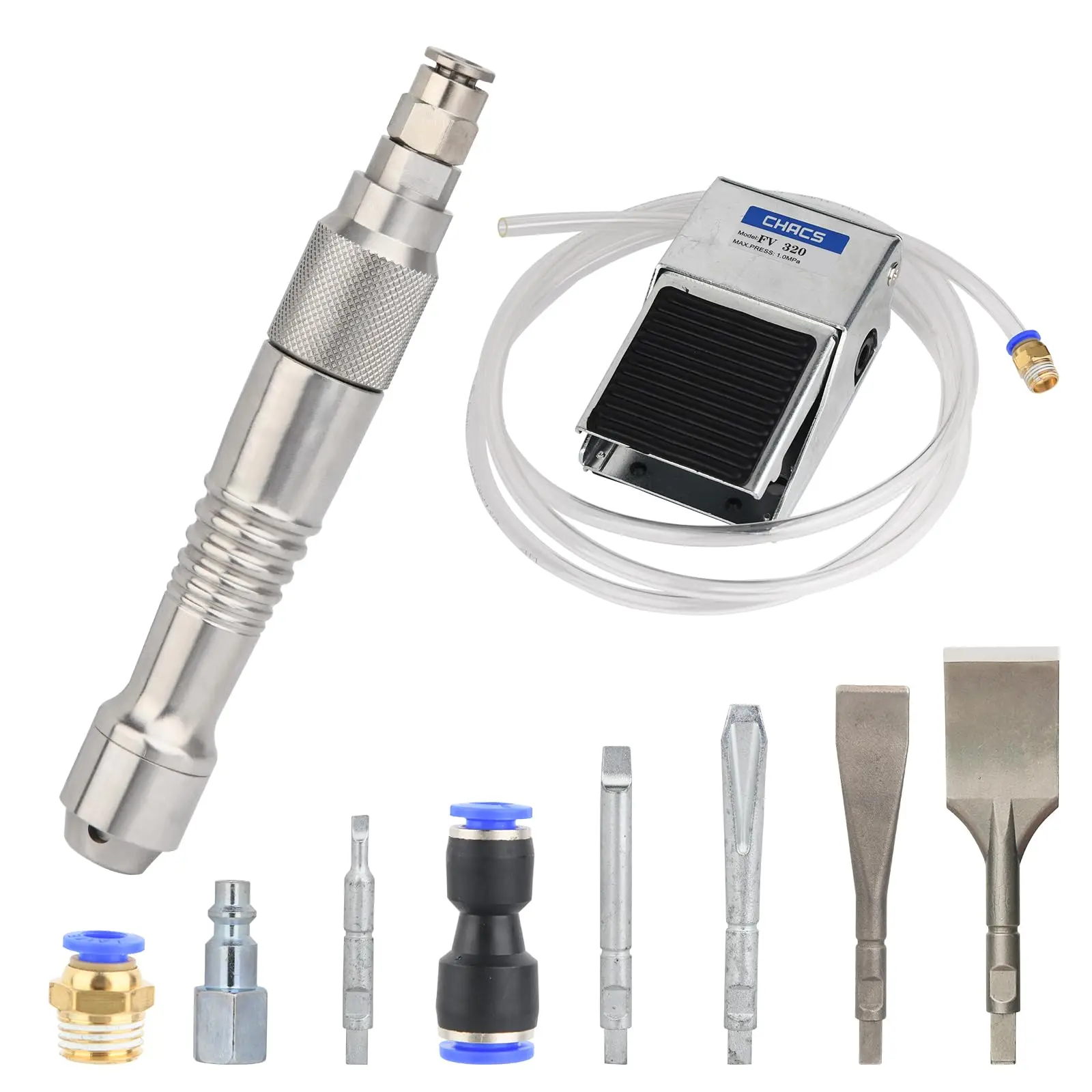

Micro Air Flux Chipper for Removing Plaster Welding Slag Stone and Wood Carving with Foot Switch and 5 Chisels