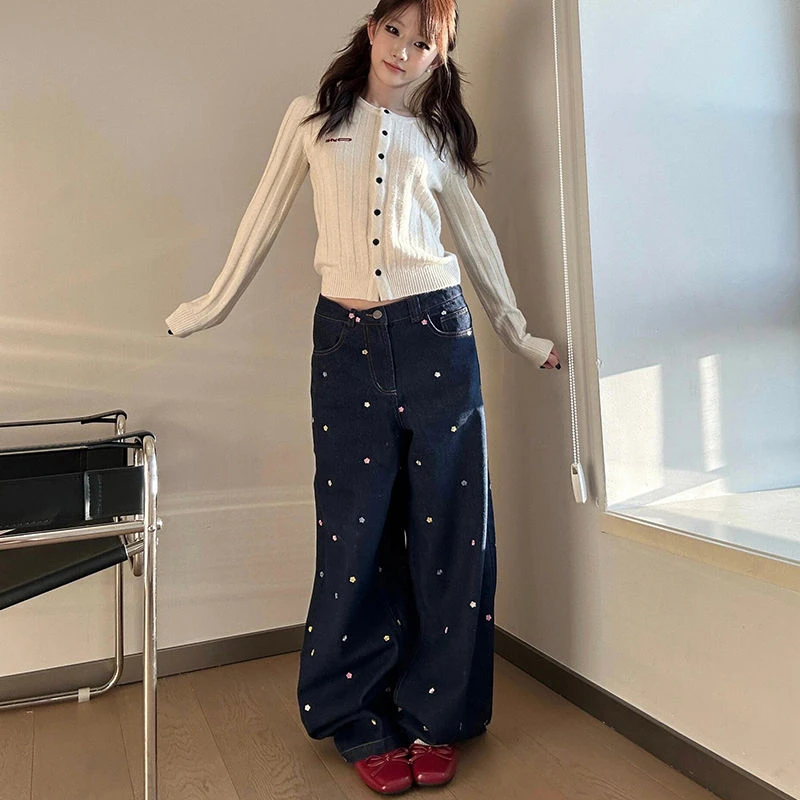 Women's Small Flower Embroidery Wide Leg Jeans Vintage Streetwear Cool Girl High Waist Baggy Pant Female Casual Denim Trousers