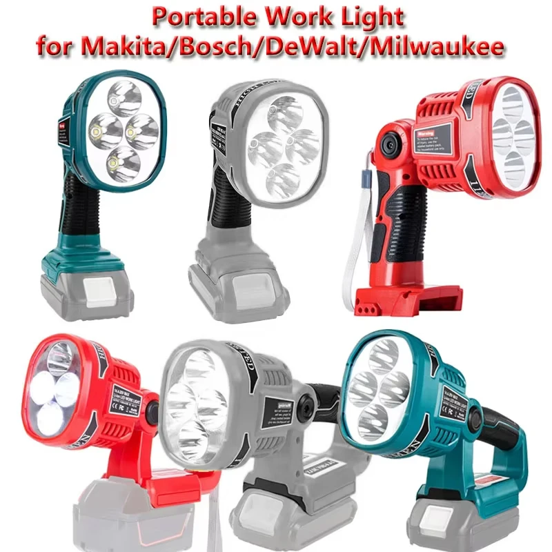 

4 Modes Work Light for Makita/Bosch/DeWalt/Milwaukee battery 18/14.4V Cordless LED Flashlight with USB Outdoors Spotlight Light