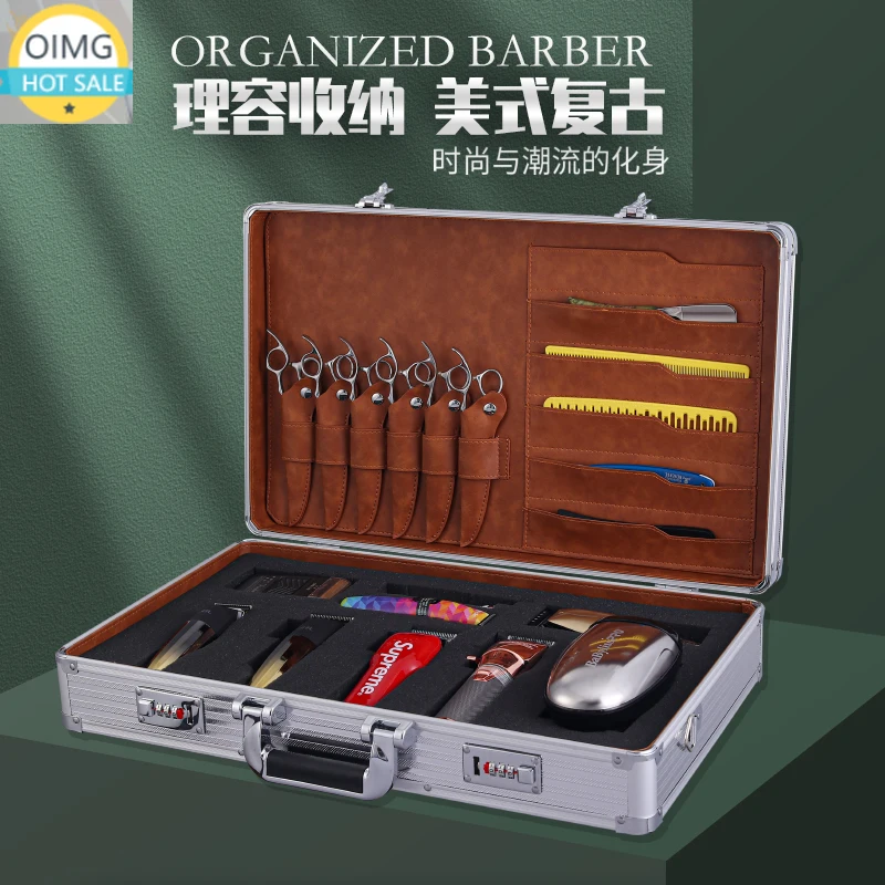 Hairdressing Toolbox Hairdresser High-end Genuine Leather Password Box Scissors Scraper, Barber Tool Box European American Style