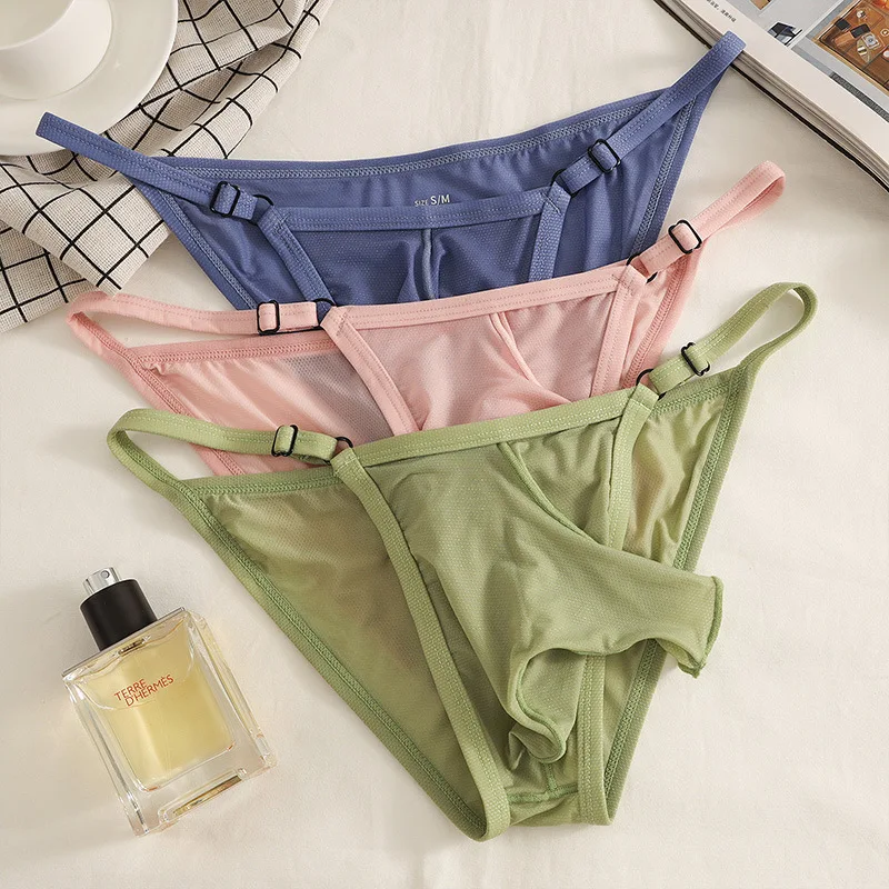 Ultrathin Adjustable Waist Men Use Sexy Breathable Briefs with Penis Cover Hole Novelty Thongs Gay Sissy Erotic Pouch Panties