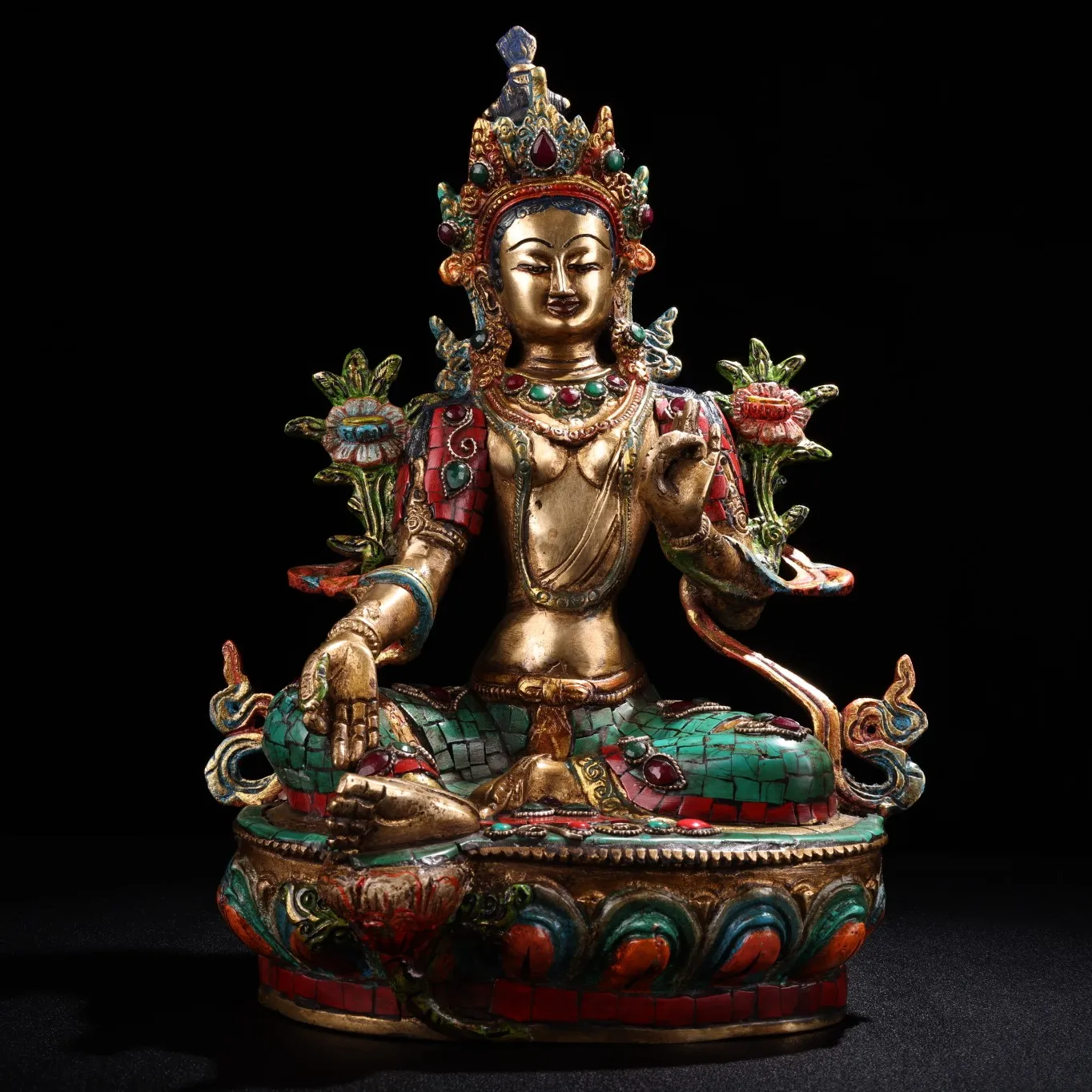 

13"Tibetan Temple Collection Old Bronze Outline in gold Mosaic Gem Turquoise Green Tara Sitting Buddha Worship Hall Town house