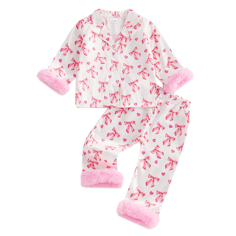 Toddler Baby Girl Valentine Pajamas Sets Bow Print Plush Laple Long Sleeve Tops with Pants