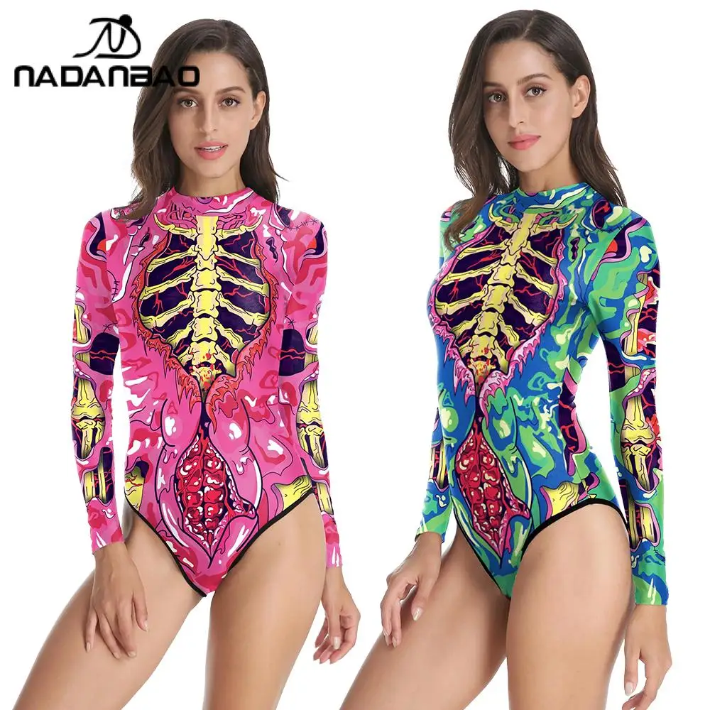 NADANBAO Skeleton Anime Print Swimsuits Women Sexy Beachwear Bathing Suits Long Sleeve One Piece Slim Swimwear Wear New