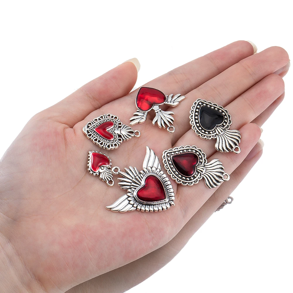 5pcs Y2K Dark Red Crystal Pendants Baroque Heart Wings Bow Rhinestone Charms Jewelry Making DIY Necklaces Keychains Accessories