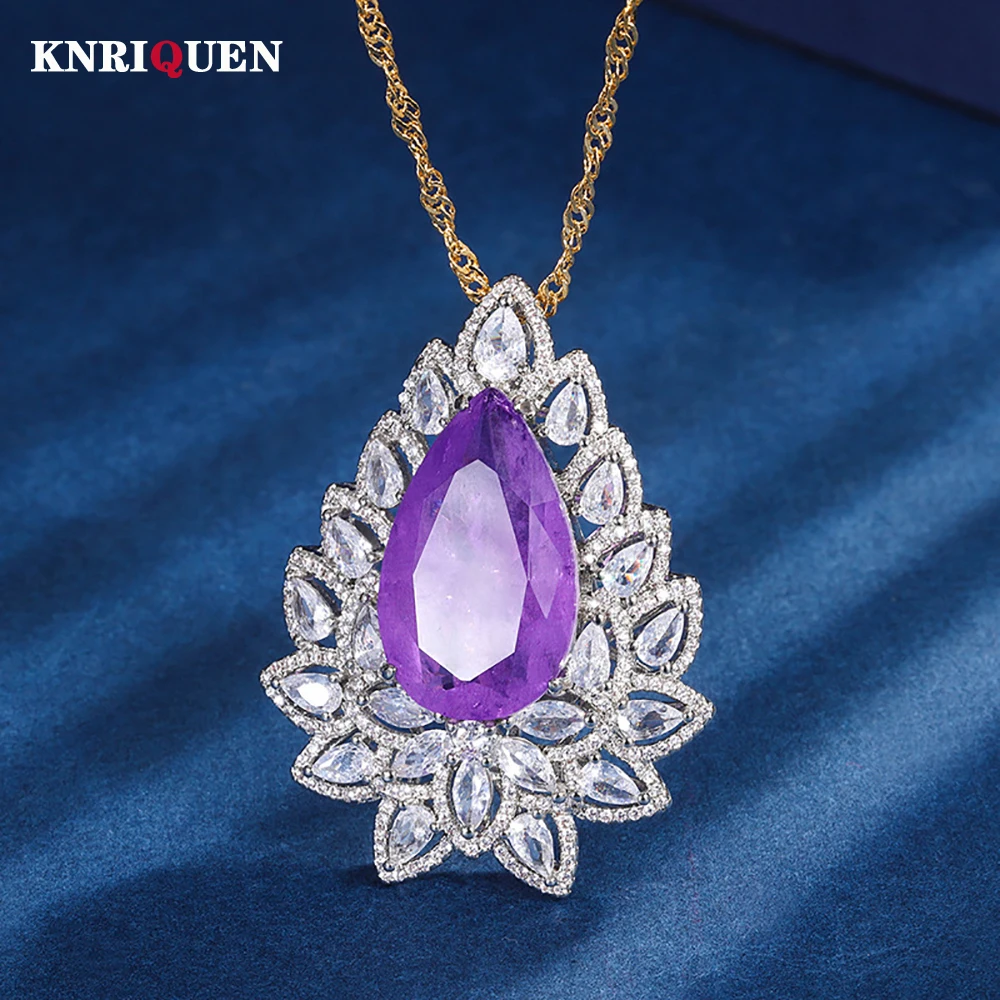 

Charms 15*25mm Pink Quartz Amethyst Pendant Necklaces for Women High Carbon Diamond Gemstone Party Fine Jewelry Gift Accessories