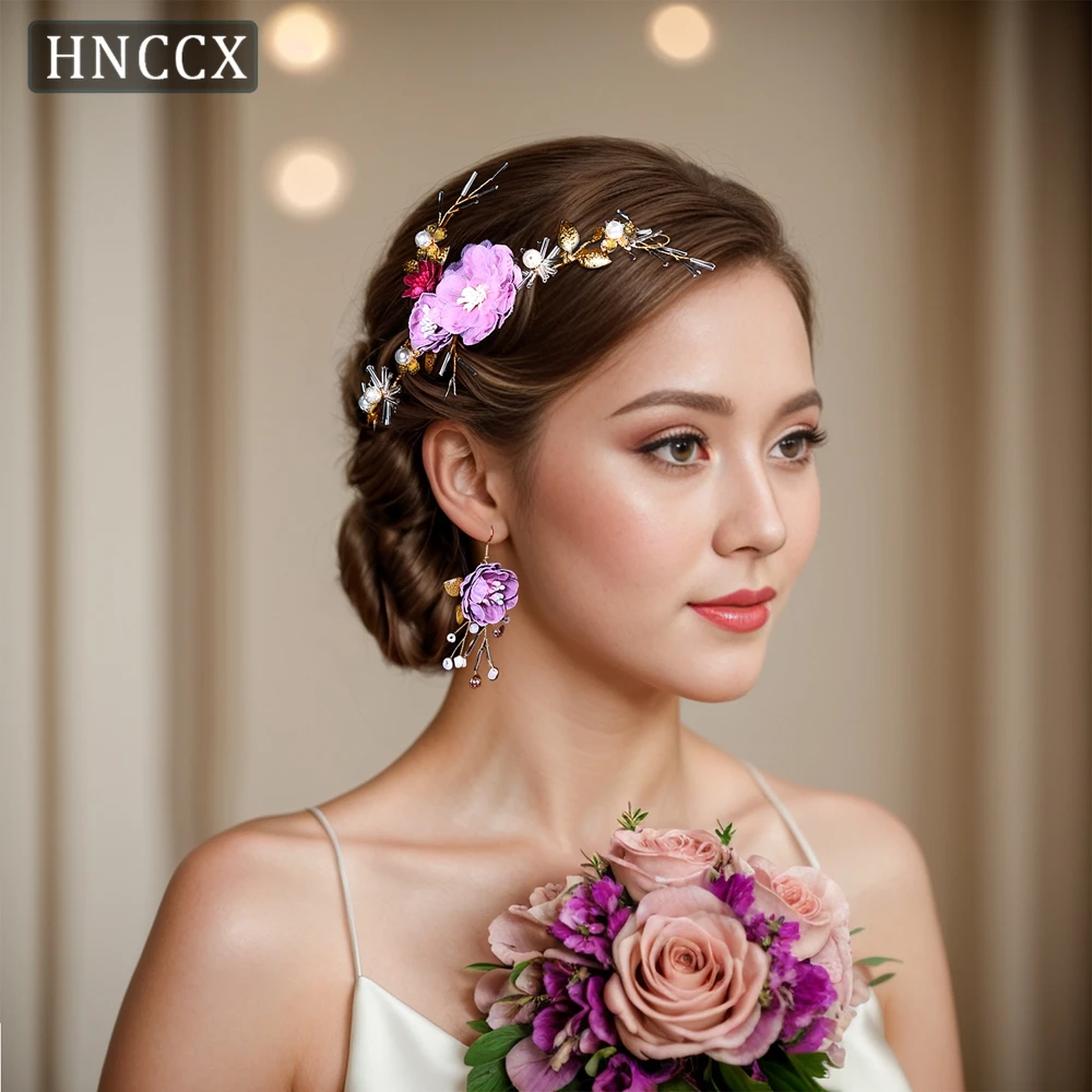 HNCCX Bridal Headpiece Hair  Accessories Wedding Organza Flower Hair Tiara Alloy Leaf Headwear Bride Headband Earring CP190