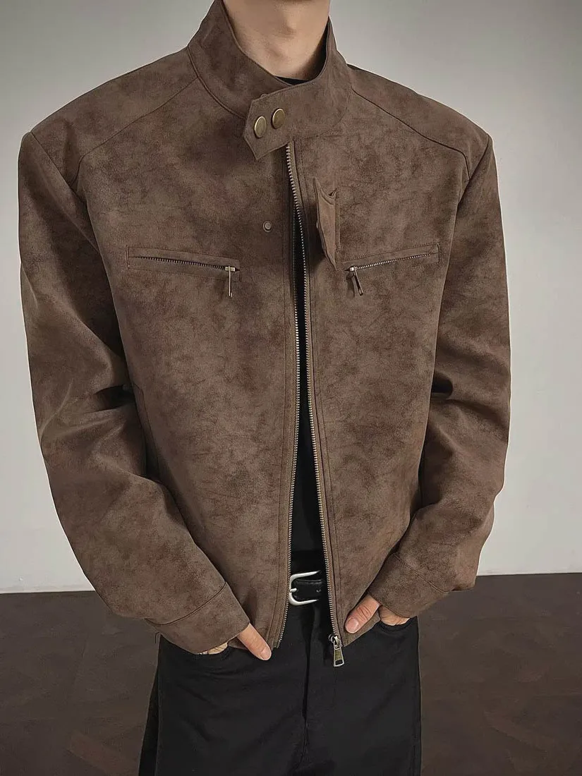 

Retro American Streetwear PU Leather Jaet Men's Loose Fit Zipper Motorcycle Vest Stand Collar ort Workwear Jaet