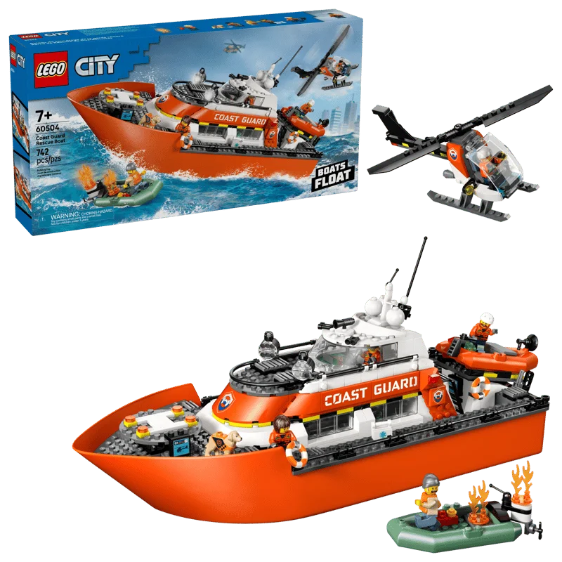 

ЛЕГО ® Игровой набор «Городской патруль»: спасательная лодка и вертолет 60504, 2 плавающие лодки-динги, 5 минифигурок и фигурка собаки, 742 детали
