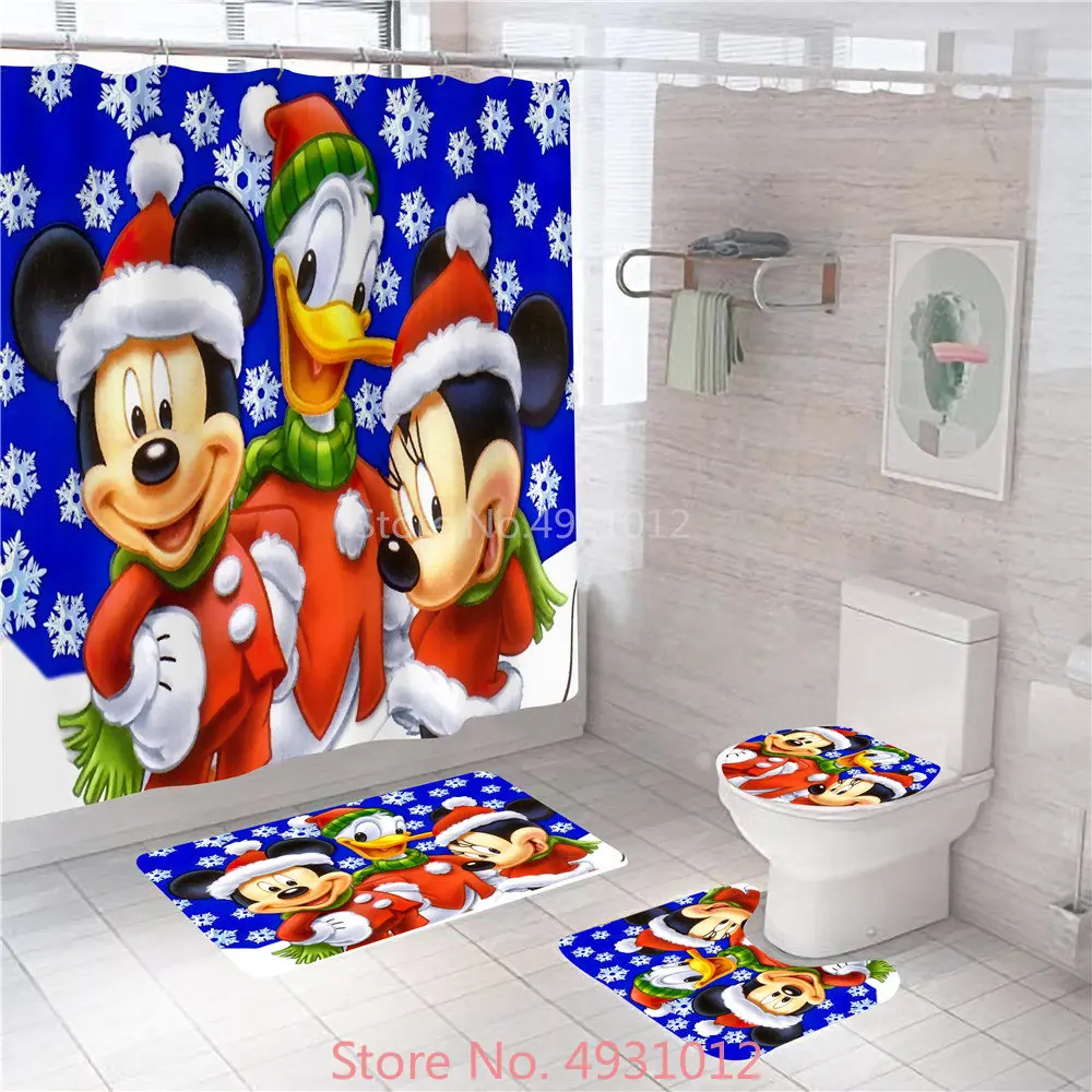 Love Christmas Mickey Minnie Mouse Bath Curtain 180x180cm 1pcs/4pcs Hooks Novelty Shower Bathroom Toilet Mat Lid Rug