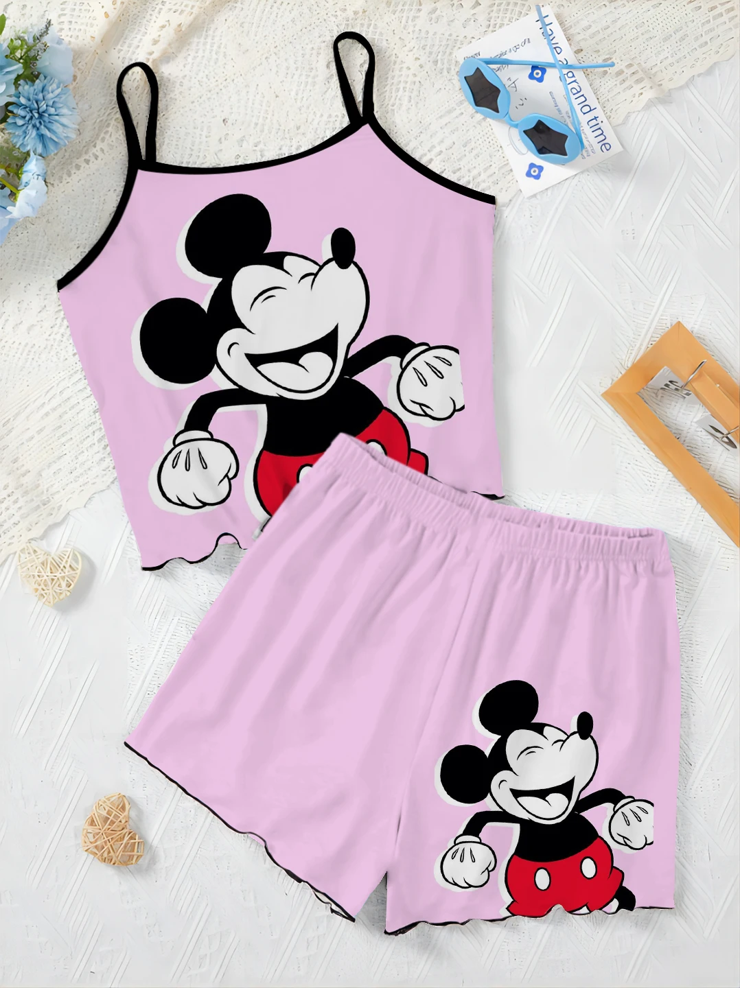 Disney-Saia de pijama e camiseta feminina Minnie Mouse, guarnição de alface, conjuntos curtos, vestido para casa, top Mickey, terno elegante, 2 peças