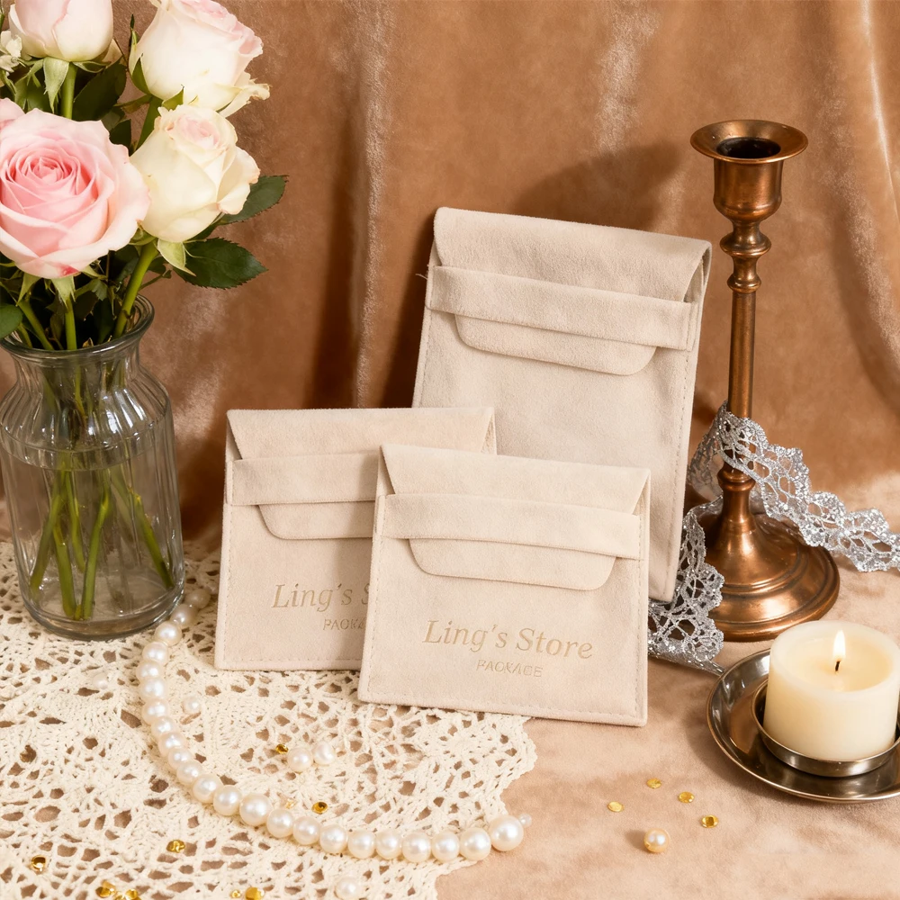 

50Pcs Microfiber Thickened Jewelry Bag Earring Necklace Ring Beige Organizer Storage Gift Packaging Cream Pouch with Custom Logo