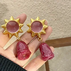 Pink Crystal Sunflower Earrings Charming Rose Color Pendant Earrings