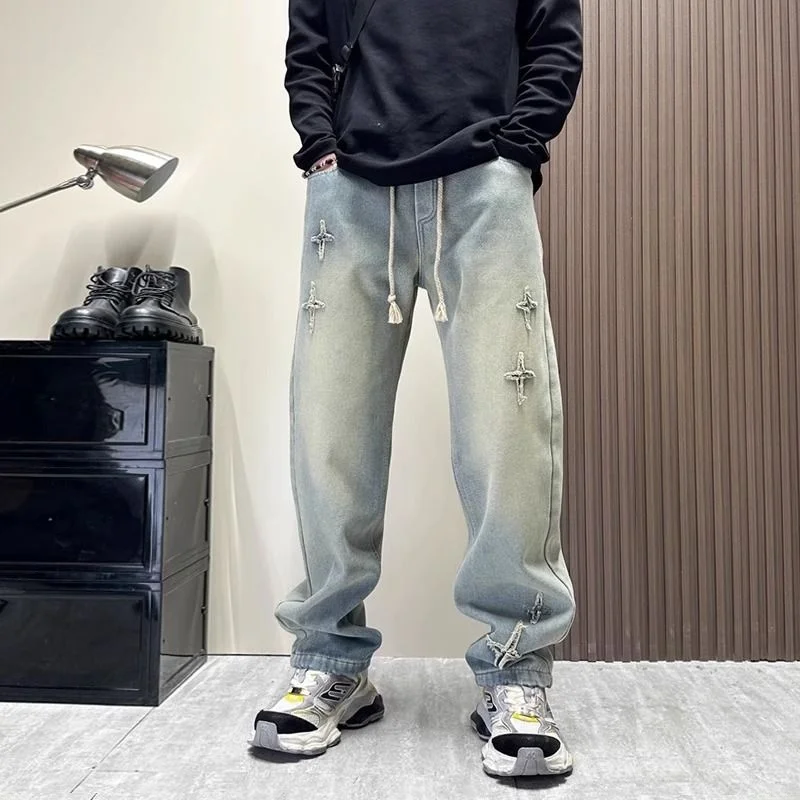 

Весенне-летние тонкие джинсы, свободные прямые повседневные длинные брюки, модные брендовые молодежные брюки Haome с эластичной резинкой на талии и девятью точками