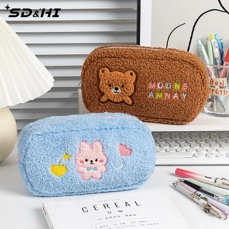 Cute Cartoon Plush Rabbit Bear Pencil Case Multifunction Creative Large Capacity Plush Pen Bag Supplies Stationery Storage Bag