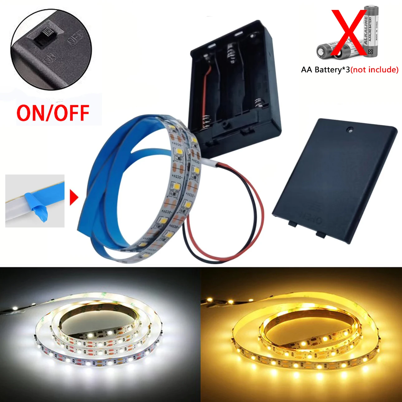 3AA Battery Power LED Strip Lights SMD 2835 Flexible LED Ribbon Diode Tape 60LEDs/m for Home Decor Kitchen Cabinet Backlight