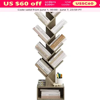 9 Tier Tree Bookshelf with Drawer Bookcase, Floor Standing Book Storage Rack, Tall Bookshelf for CDs/Books/Movies, Bookshelf