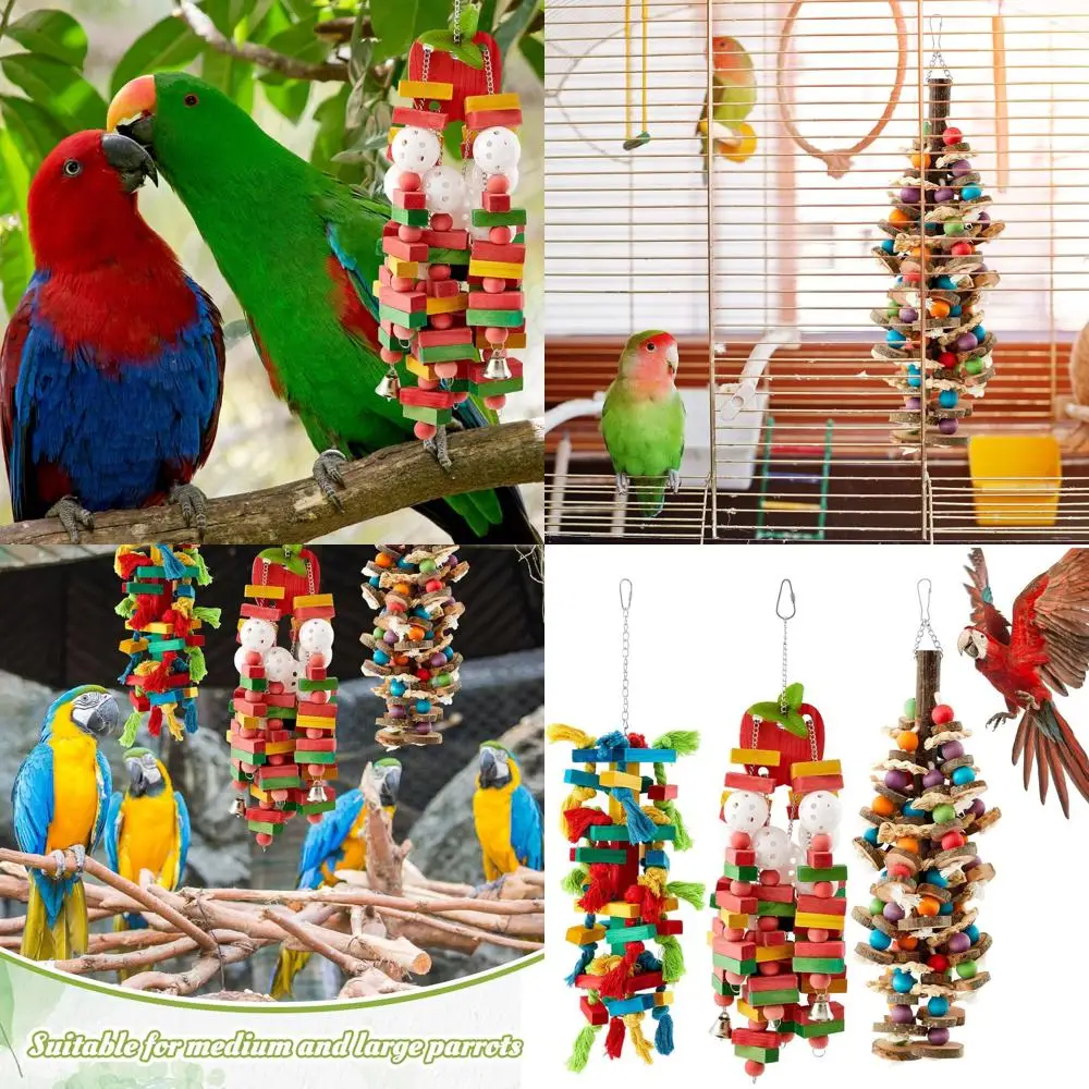 

3 Pcs Extra Large Bird Parrot Toy Multicolored Natural Wooden Parrot Cage Chewing Toys for Large Medium Macaws Cockatoos African