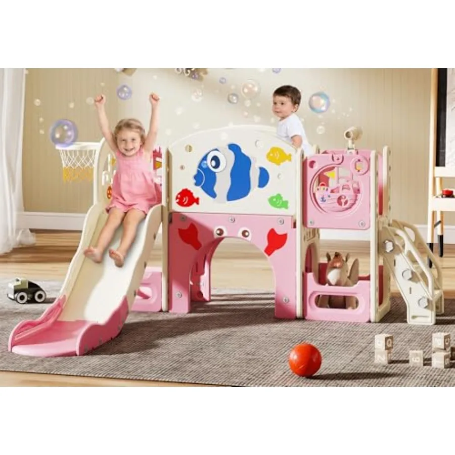 Juego de juegos 8 en 1 con tobogán, canasta de baloncesto, escalera de escalada, telescopio, tobogán y escalador para niños pequeños con almacenamiento, Playgro para niños pequeños