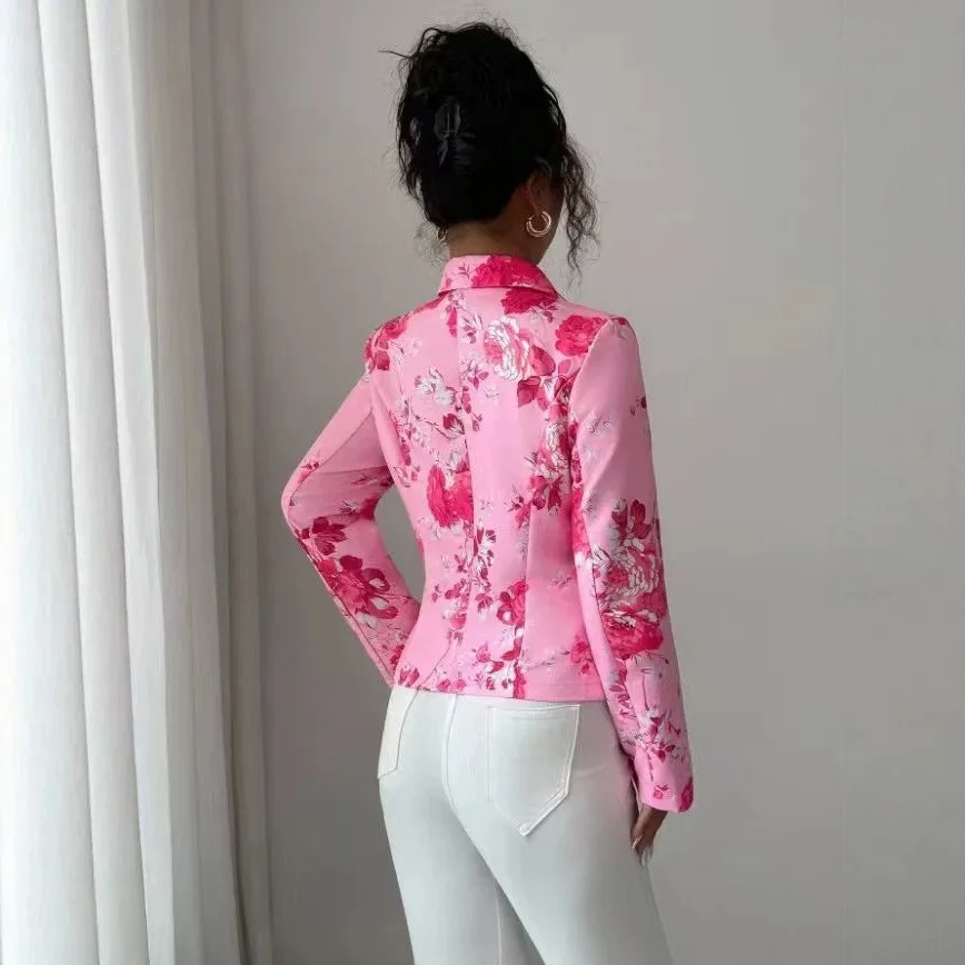 Suit Collar Coat Long Sleeve Cropped Elegant Style with Flower Pattern Non Hooded Jacket Regular Sleeve Not Hooded Women Jacket