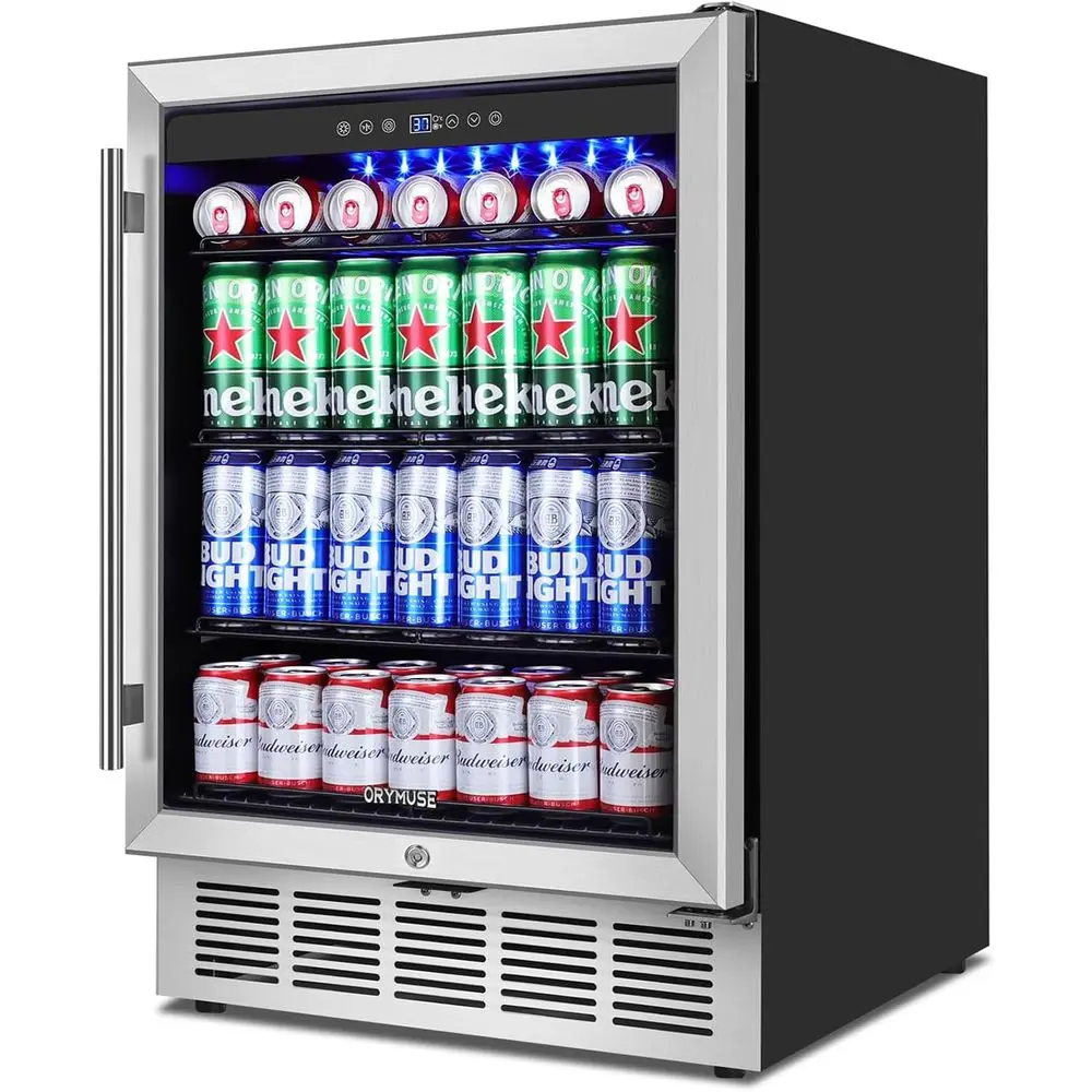24 Under-Counter Beverage Refrigerator, 180-Can Cooler with Glass Door and Lock, Compact Mini Fridge for Soda and Wine
