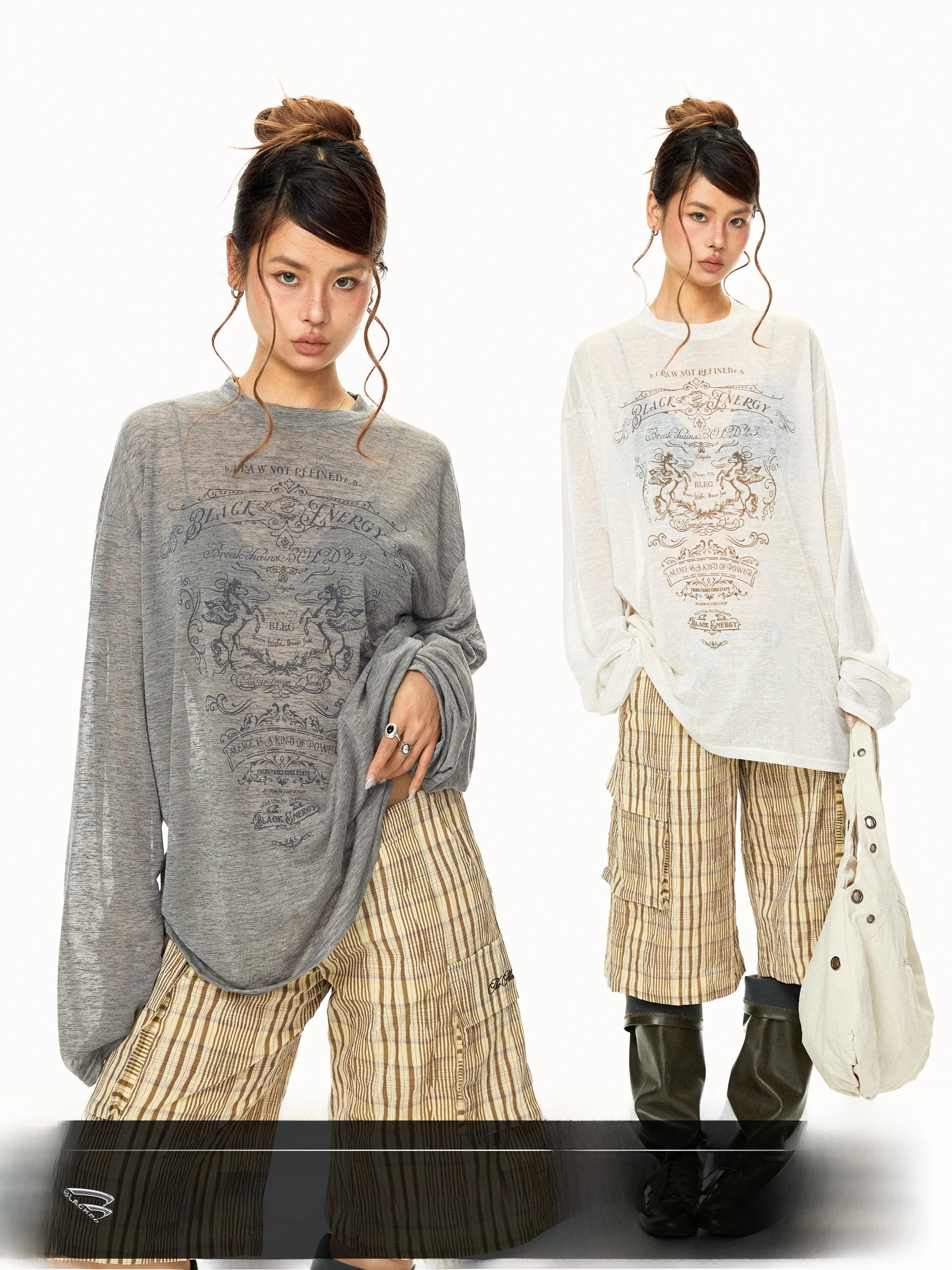 Blackbb American Retro Letter Print Long Sleeve T-Shirt Women Summer Casual Thin Loose Cover up Top Polyester Linen Blend