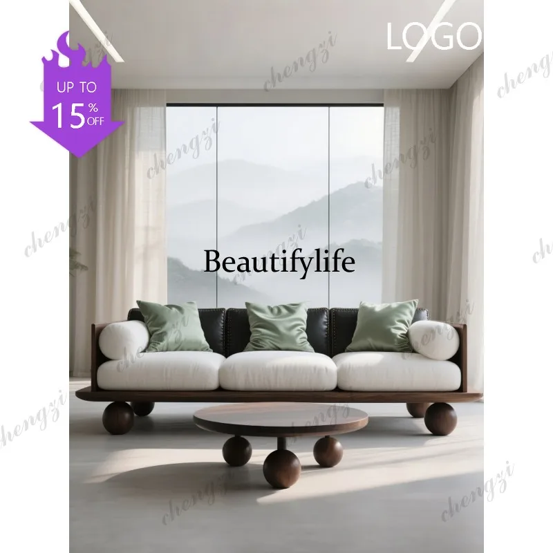 M183 Wabi Sandy Wind Solid Wood Sofa New Medieval Living Room Modern Simple Three-person Straight Row
