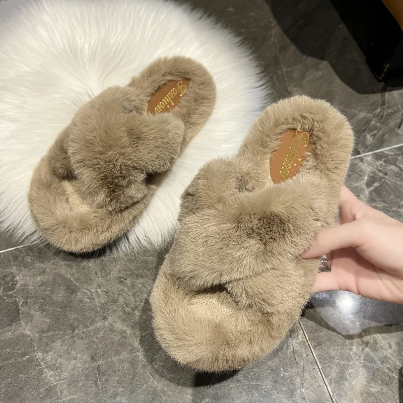 2023 Winter Women Home Indoor Casual Slippers Female Flip Flops Fluffy Shoes Cross Design Slides Ladies Soft Warm Plush Slipper