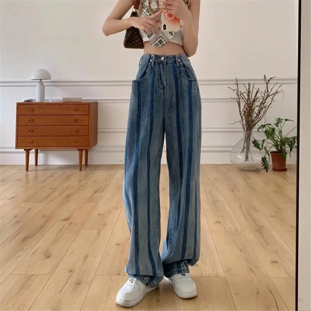 

Straight Striped Print Jeans Women'S High Waist Metal Adjustment Buckle Wide Leg Loose Vintage Pants Harajuku Mom Denim Trousers